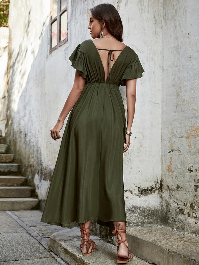 Női Boho Ruha V-nyakú Lebegő Ujjú Derék Húzózsinóros Alkalmi Nyári Maxi Ruhák - Hunter Green