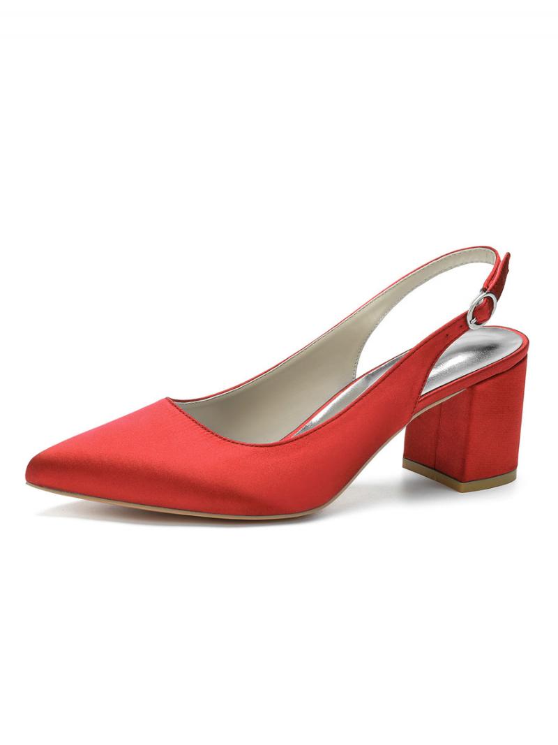 Női Block Heel Slingback Pumps Hegyes Orr - Piros