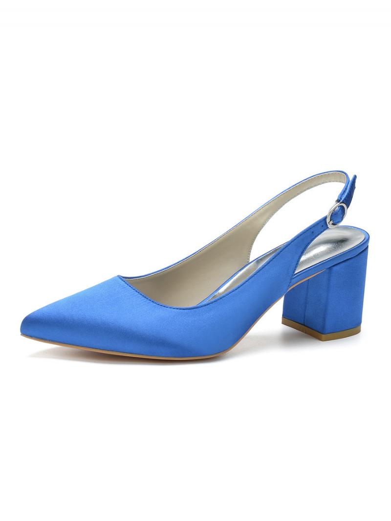 Női Block Heel Slingback Pumps Hegyes Orr - Kék