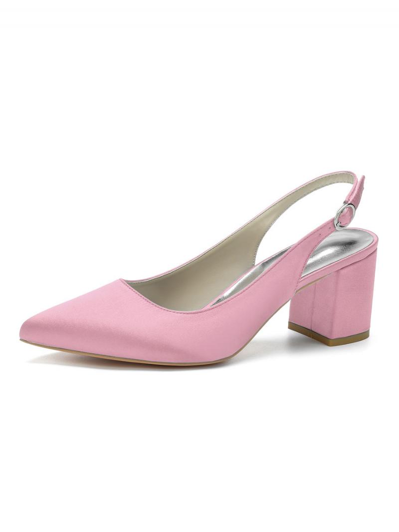 Női Block Heel Slingback Pumps Hegyes Orr - Rózsaszín