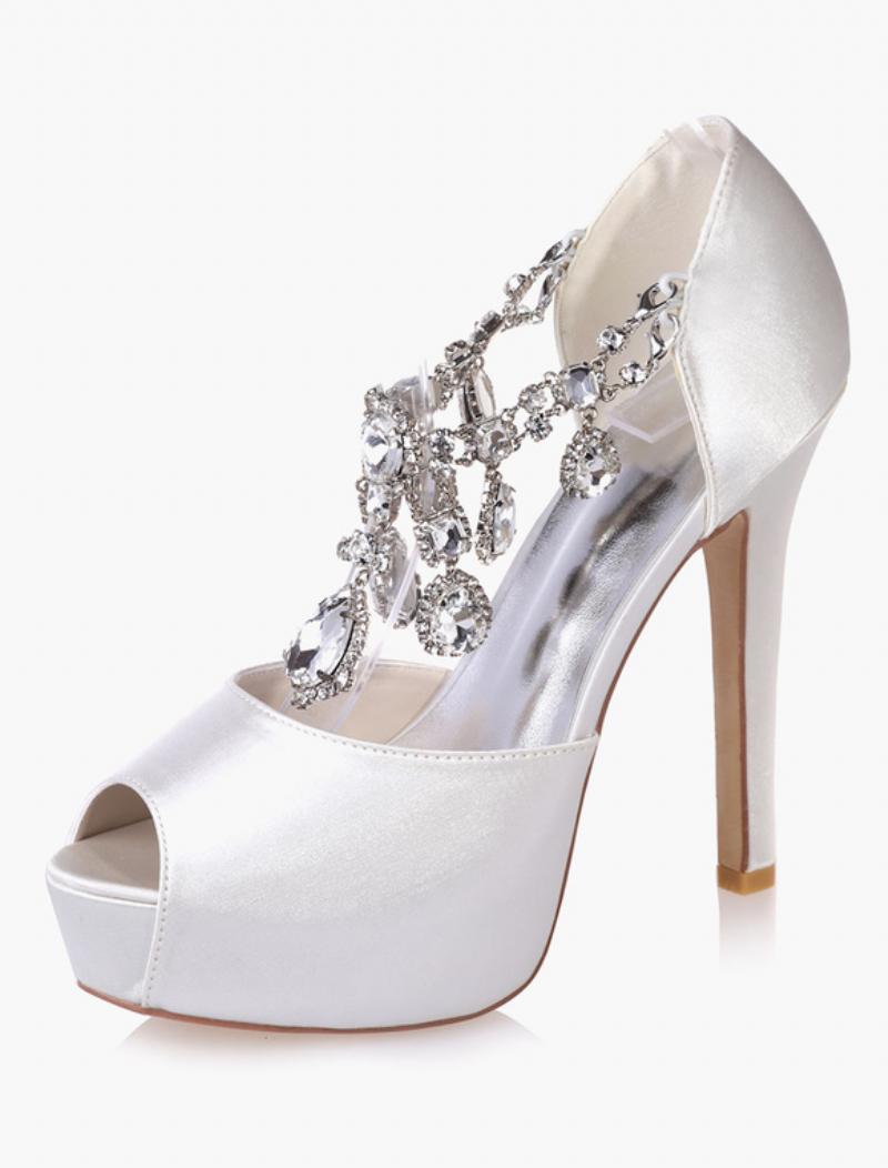 Női Crystal Platform Peep Toe Heeled Menyasszonyi Szivattyúk - Fehér