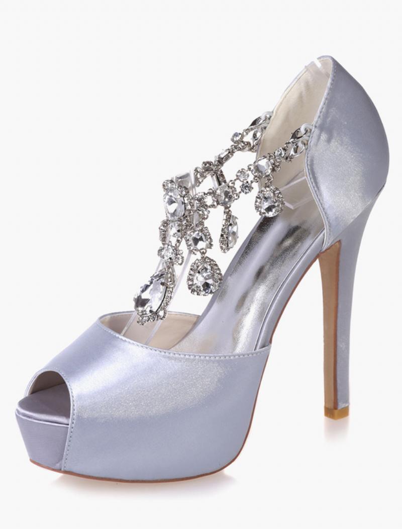 Női Crystal Platform Peep Toe Heeled Menyasszonyi Szivattyúk - Ezüst