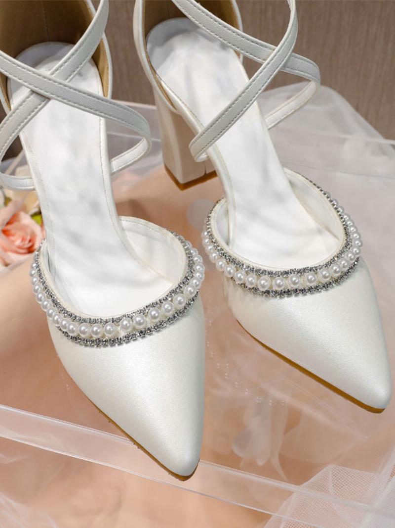 Női Pearls Chunky Heel Menyasszonyi Cipő - Fehér