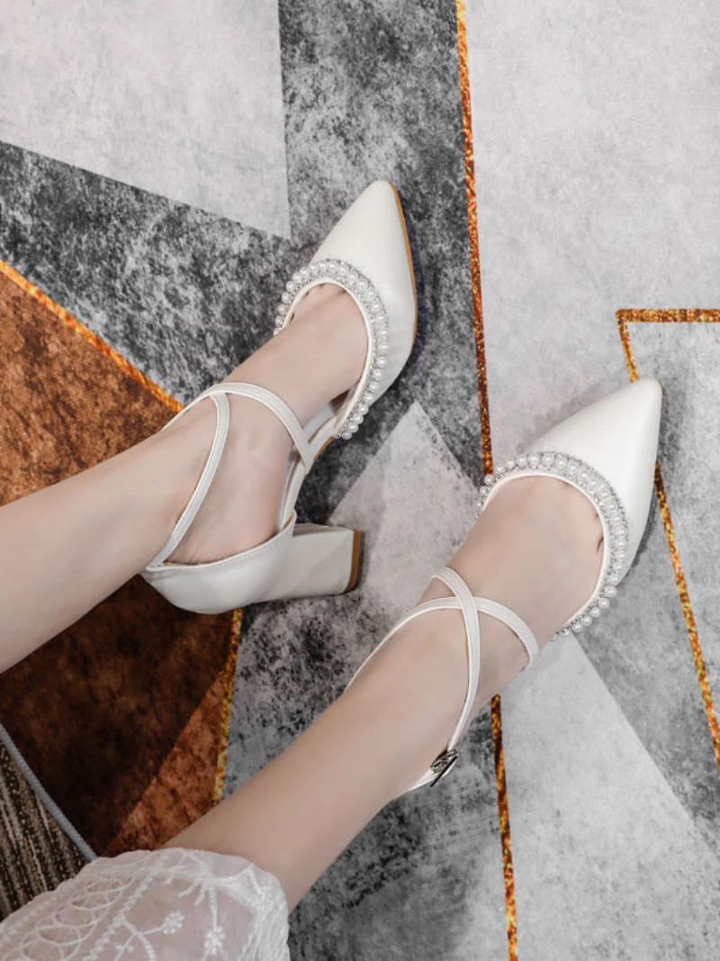 Női Pearls Chunky Heel Menyasszonyi Cipő - Fehér