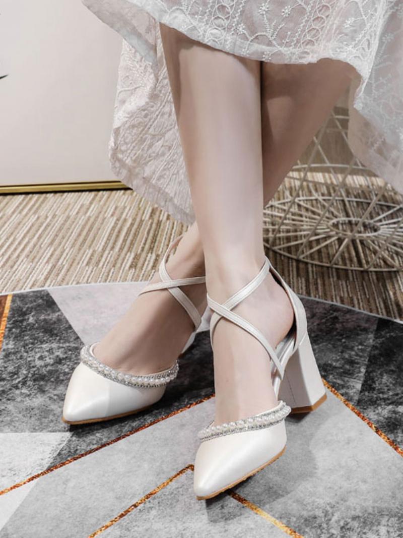 Női Pearls Chunky Heel Menyasszonyi Cipő - Fehér