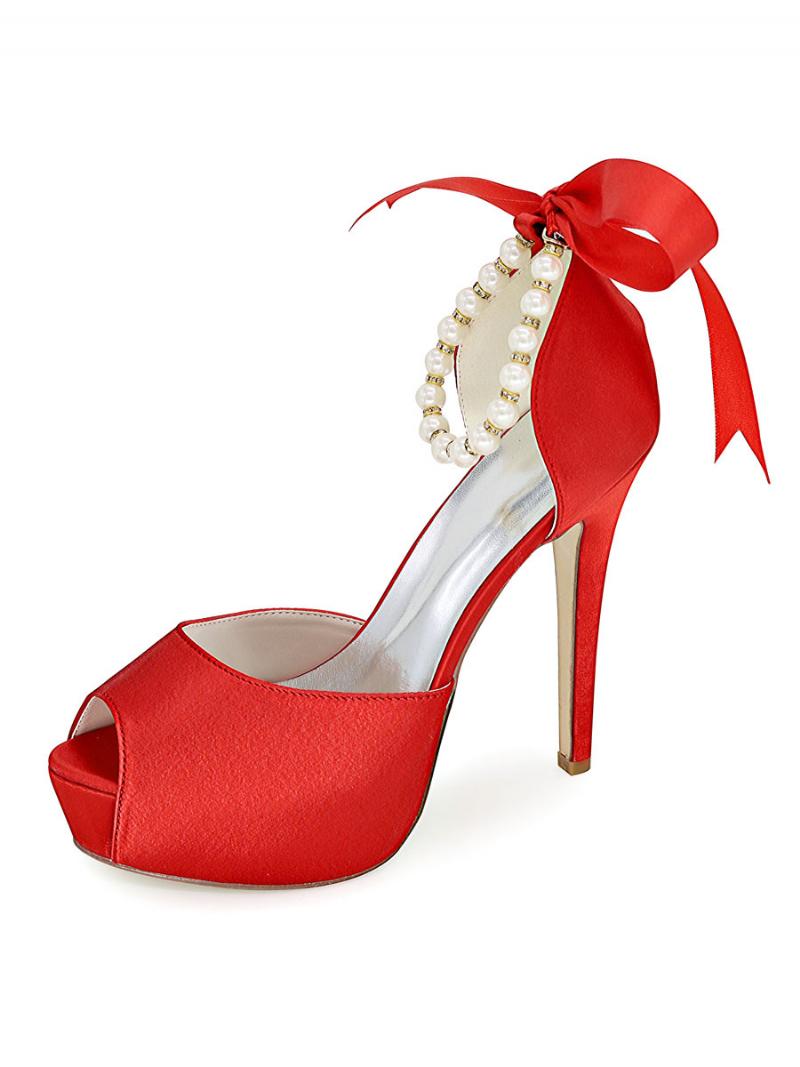 Női Pearls Fűzős Platform Peep Toe Heeled Menyasszonyi Szivattyúk - Ture Red