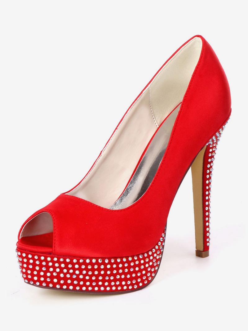 Női Strasszos Platform Peep Toe Menyasszonyi Szivattyúk - Ture Red