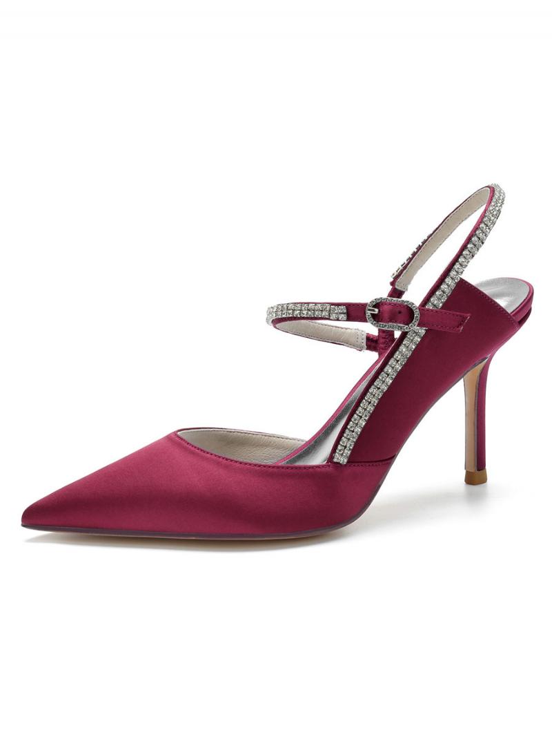 Női Strasszos Slingback Pumps Sarkú Menyasszonyi Cipő - Burgundi