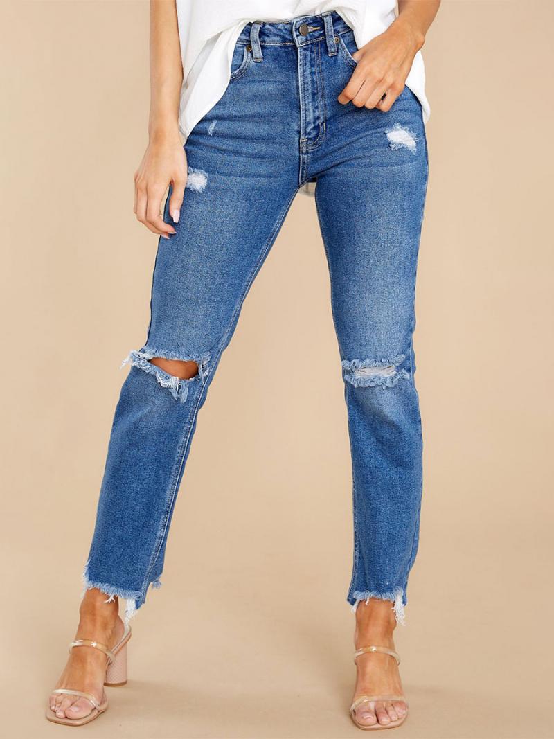 Distressed Jeans Kúpos Fit Bojtos Trim Zipper Fly Női Nadrág