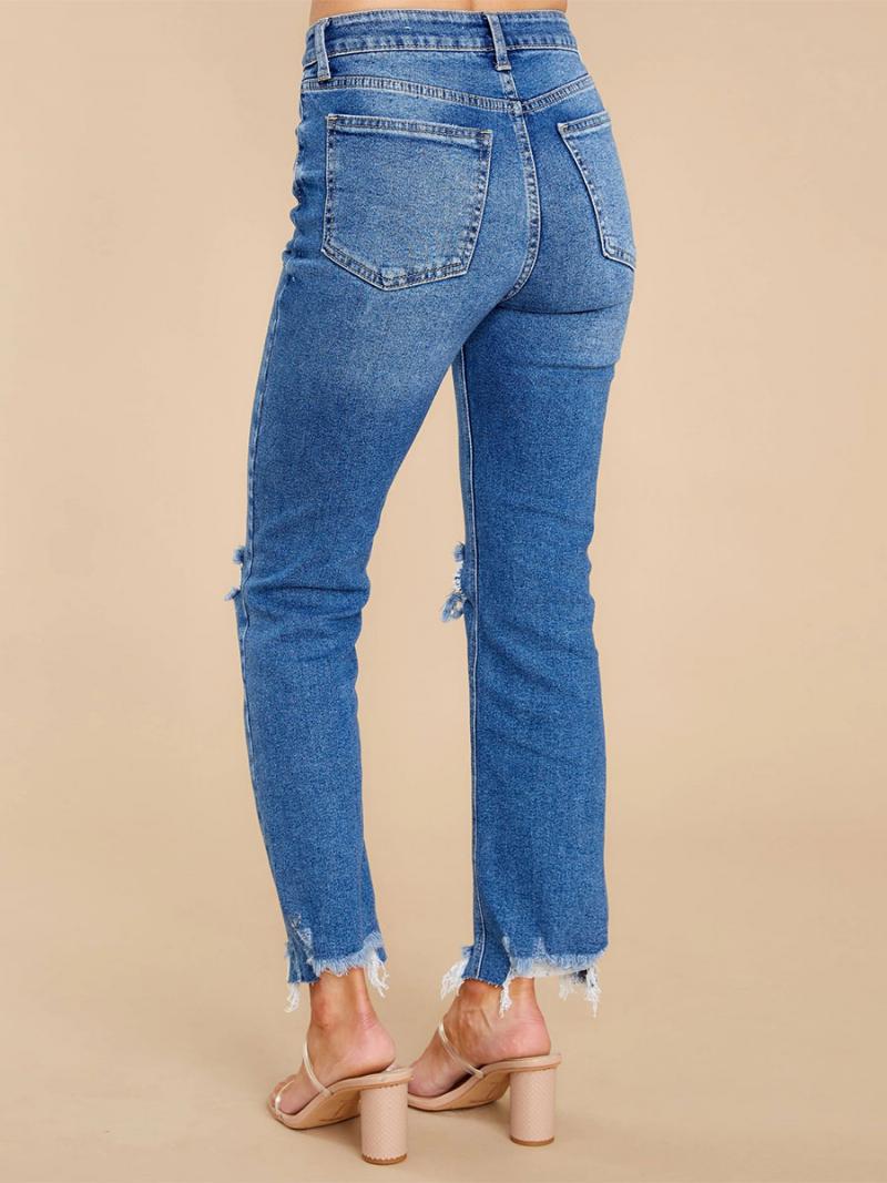 Distressed Jeans Kúpos Fit Bojtos Trim Zipper Fly Női Nadrág - Kék