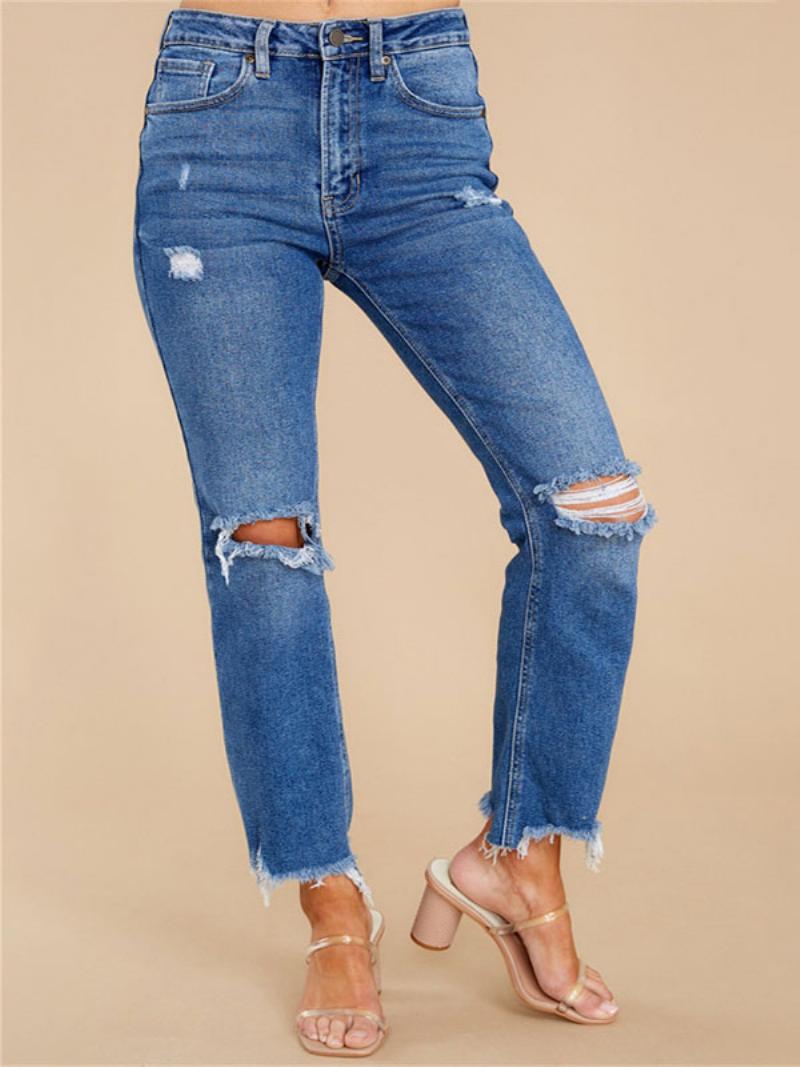 Distressed Jeans Kúpos Fit Bojtos Trim Zipper Fly Női Nadrág - Kék