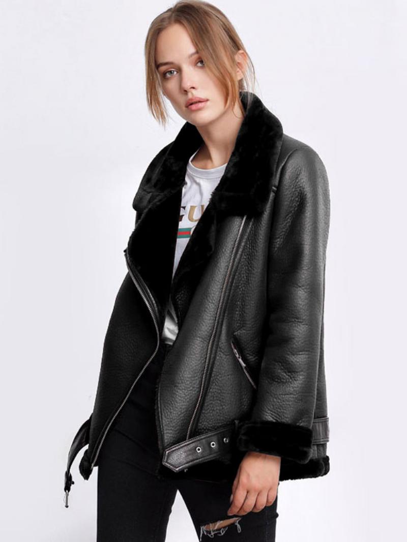 Női Bőrkabát Faux Shearling Pu Moto Dzseki Téli Felsőruházat