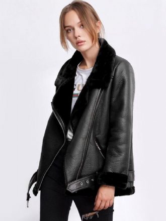 Női Bőrkabát Faux Shearling Pu Moto Dzseki Téli Felsőruházat