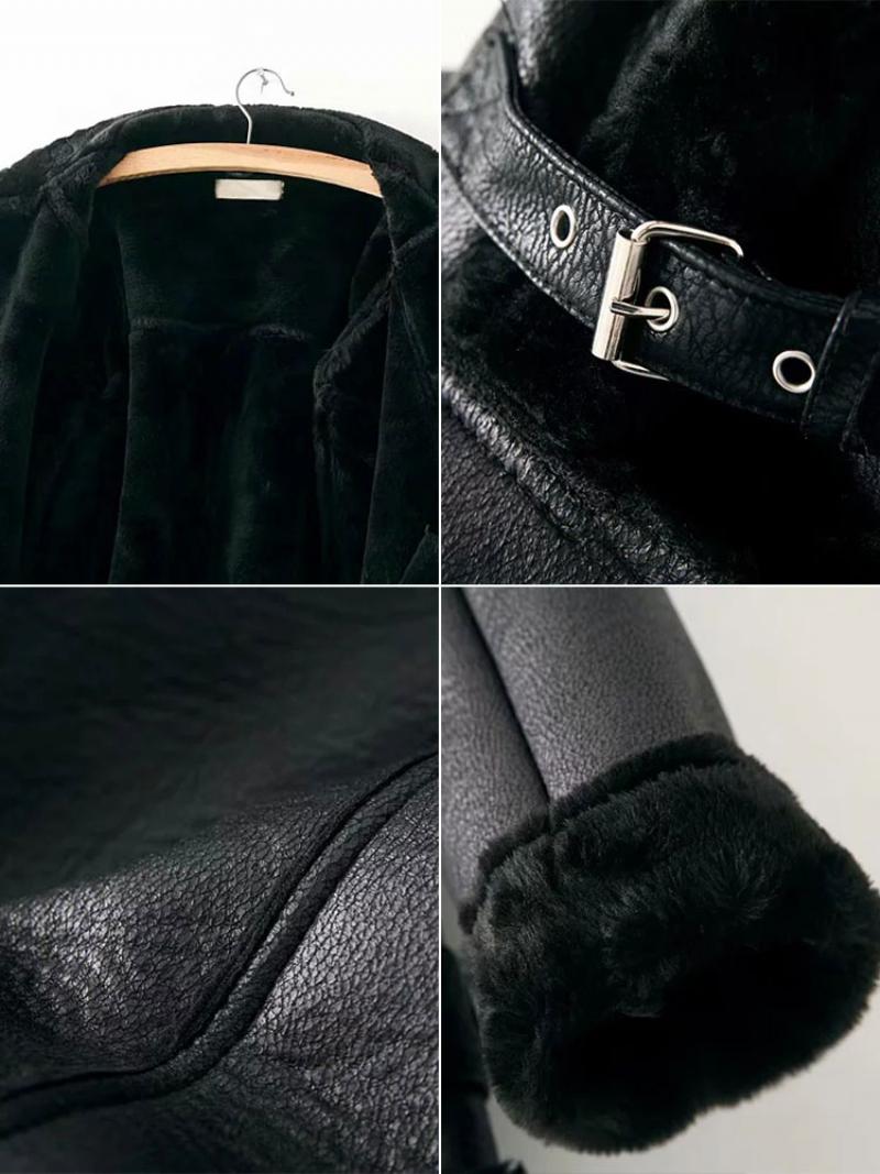 Női Bőrkabát Faux Shearling Pu Moto Dzseki Téli Felsőruházat - Fekete