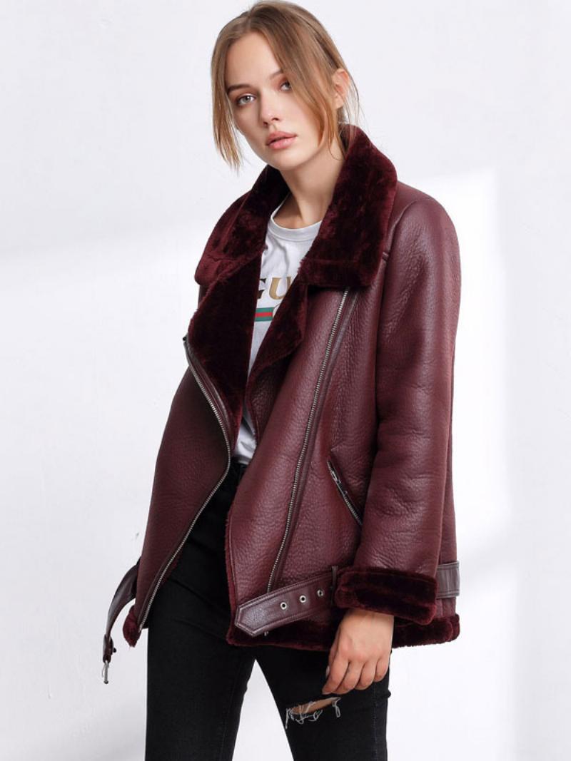 Női Bőrkabát Faux Shearling Pu Moto Dzseki Téli Felsőruházat - Burgundi