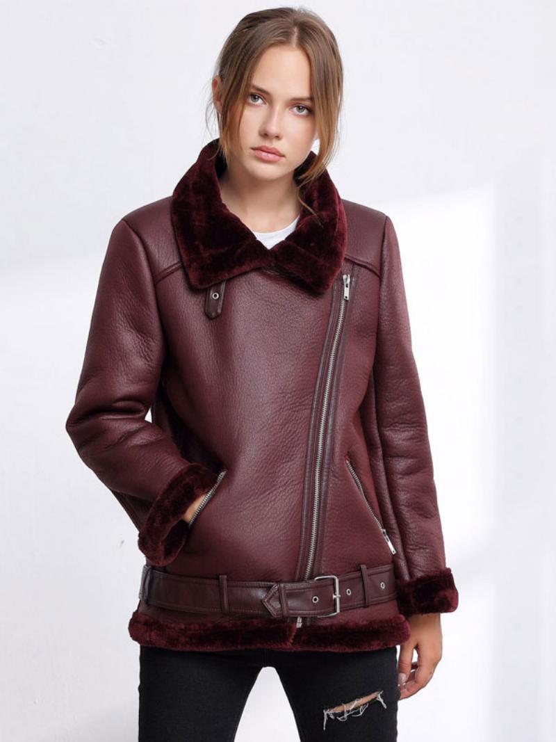 Női Bőrkabát Faux Shearling Pu Moto Dzseki Téli Felsőruházat - Burgundi