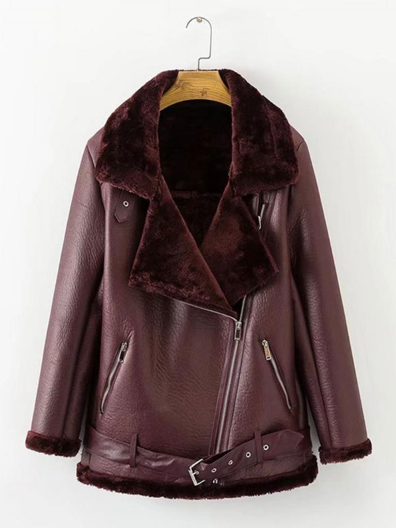 Női Bőrkabát Faux Shearling Pu Moto Dzseki Téli Felsőruházat - Burgundi