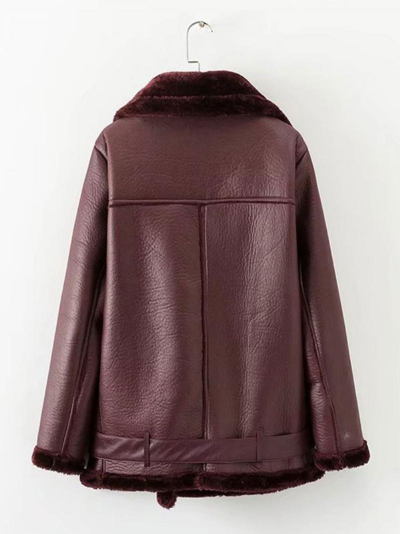 Női Bőrkabát Faux Shearling Pu Moto Dzseki Téli Felsőruházat - Burgundi