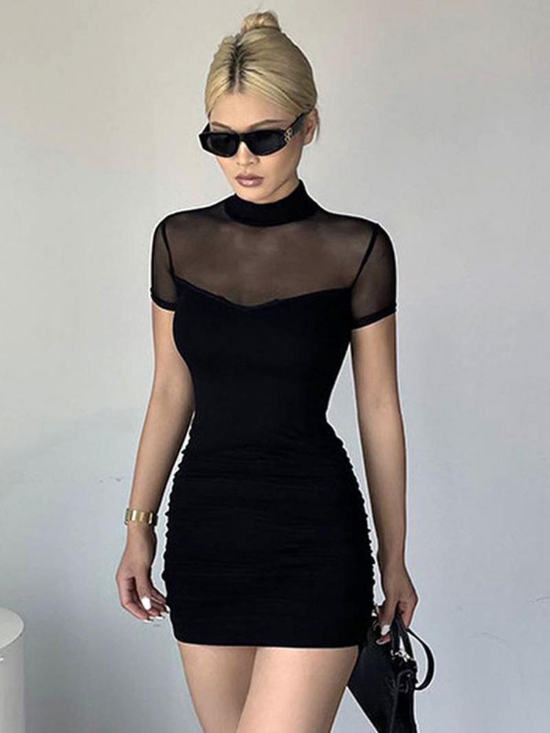 Női Bodycon Ruhák Fekete Rövid Ujjú Szexi Magas Gallérú Áttetsző Tokos Ruha