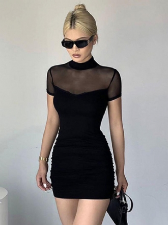 Női Bodycon Ruhák Fekete Rövid Ujjú Szexi Magas Gallérú Áttetsző Tokos Ruha