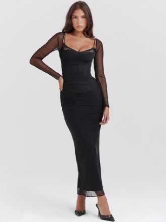 Női Fekete Maxi Ruha Tüll Overlay Sweatheart Nyakú Báli Bodycon Ruhák