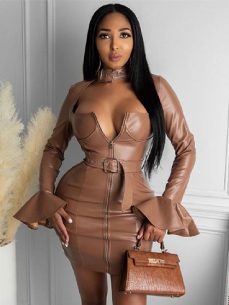 Női Születésnapi Bodycon Ruhák Khaki Szögletes Nyakú Szexi Hosszú Ujjú Ceruza Ruha