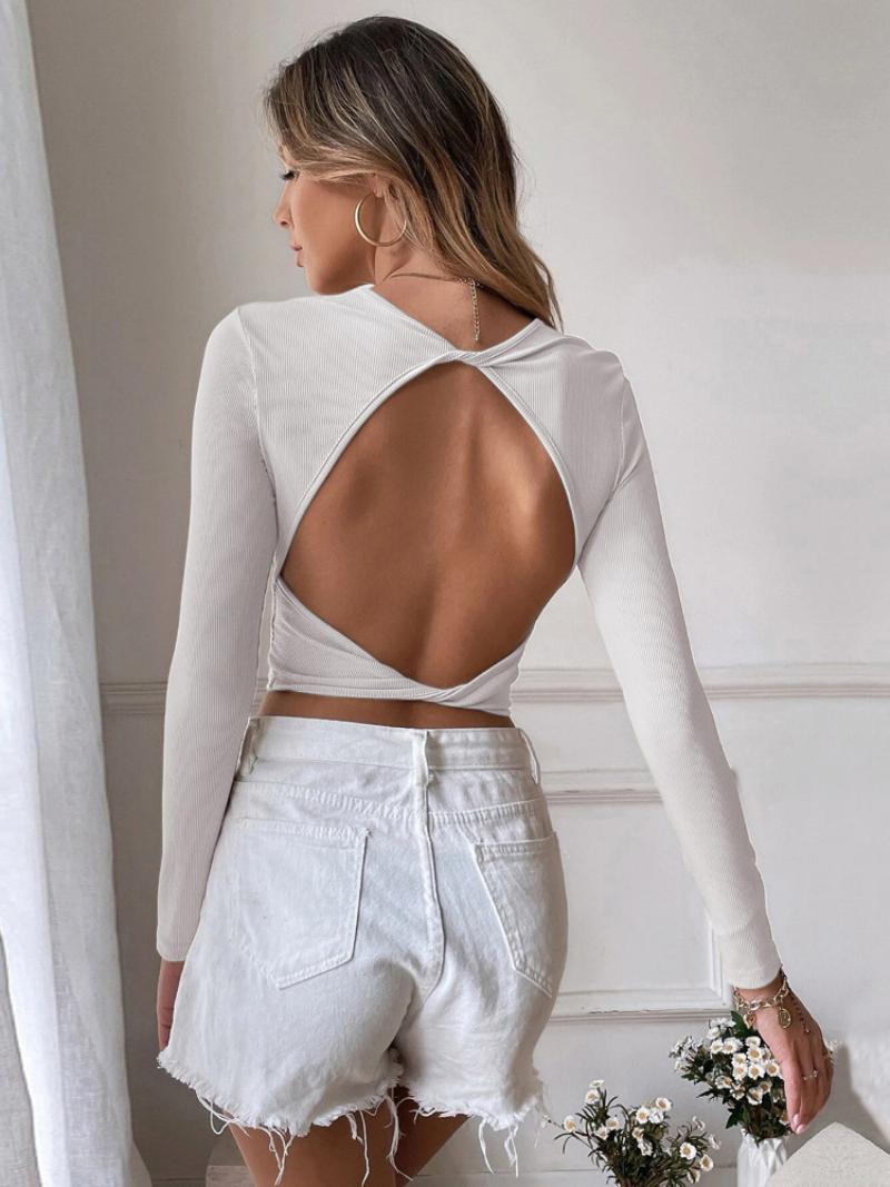 Női Hosszú Ujjú Pólók Környakú Crop Top Hát Nélküli Réteges Felsők - Fehér