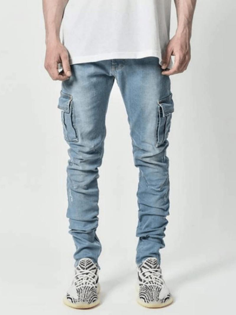 Férfi Farmer Alkalmi Distressed Antik Design Skinny Light Sky Blue Nadrág