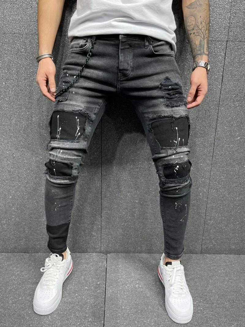 Férfi Farmer Divat Elegáns Distressed Antik Design Skinny Black