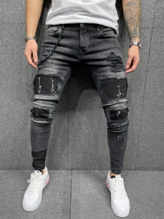 Férfi Farmer Divat Elegáns Distressed Antik Design Skinny Black