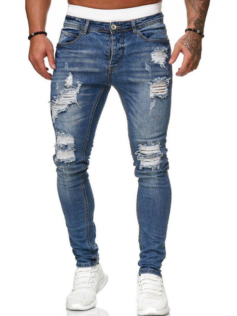 Férfi Farmer Elegáns Distressed Antik Design Skinny Deep Blue