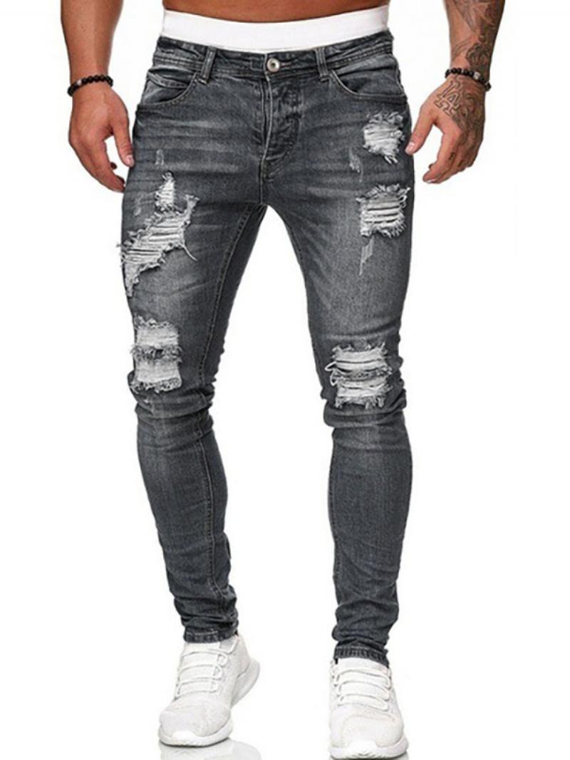 Férfi Farmer Elegáns Distressed Antik Design Skinny Deep Blue - Szürke