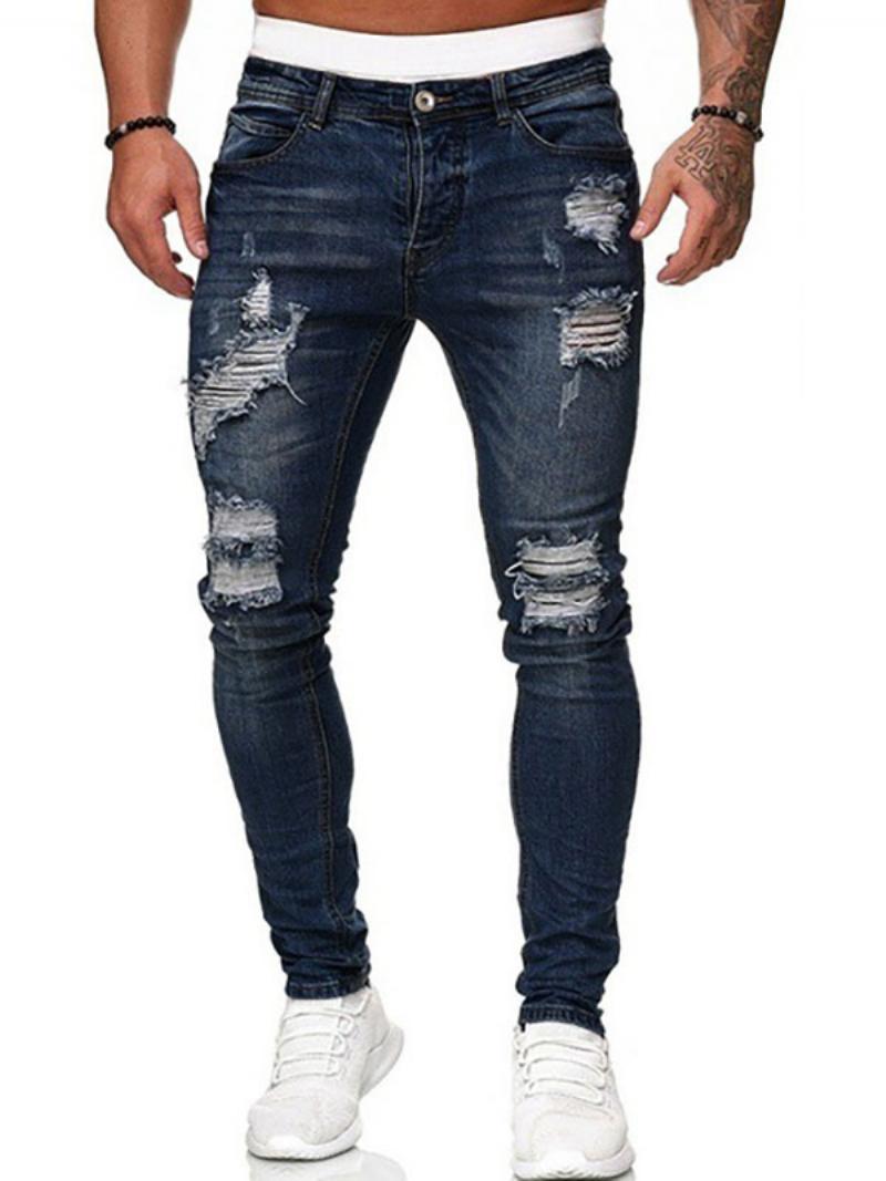 Férfi Farmer Elegáns Distressed Antik Design Skinny Deep Blue - Kék