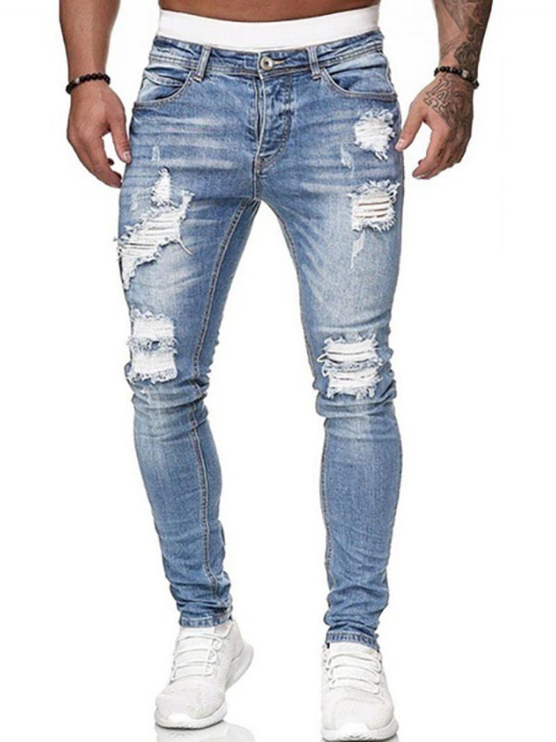 Férfi Farmer Elegáns Distressed Antik Design Skinny Deep Blue - Világos Égkék