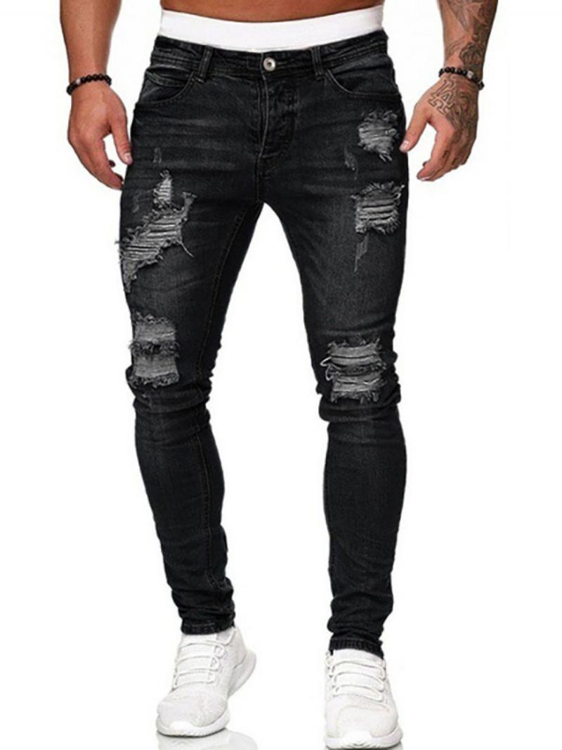 Férfi Farmer Elegáns Distressed Antik Design Skinny Deep Blue - Fekete