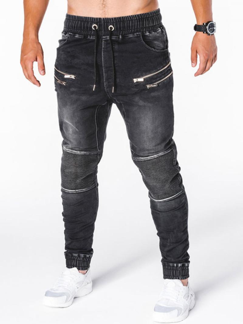 Férfi Jeans Chic Distressed Antik Design Skinny Blue Farmer Nadrág - Fekete