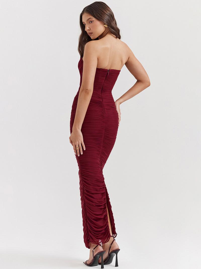 Női Bodycon Ruhák Bordó Pánt Nélküli Redőzött Elegáns Ujjatlan Ceruza Ruha - Burgundia