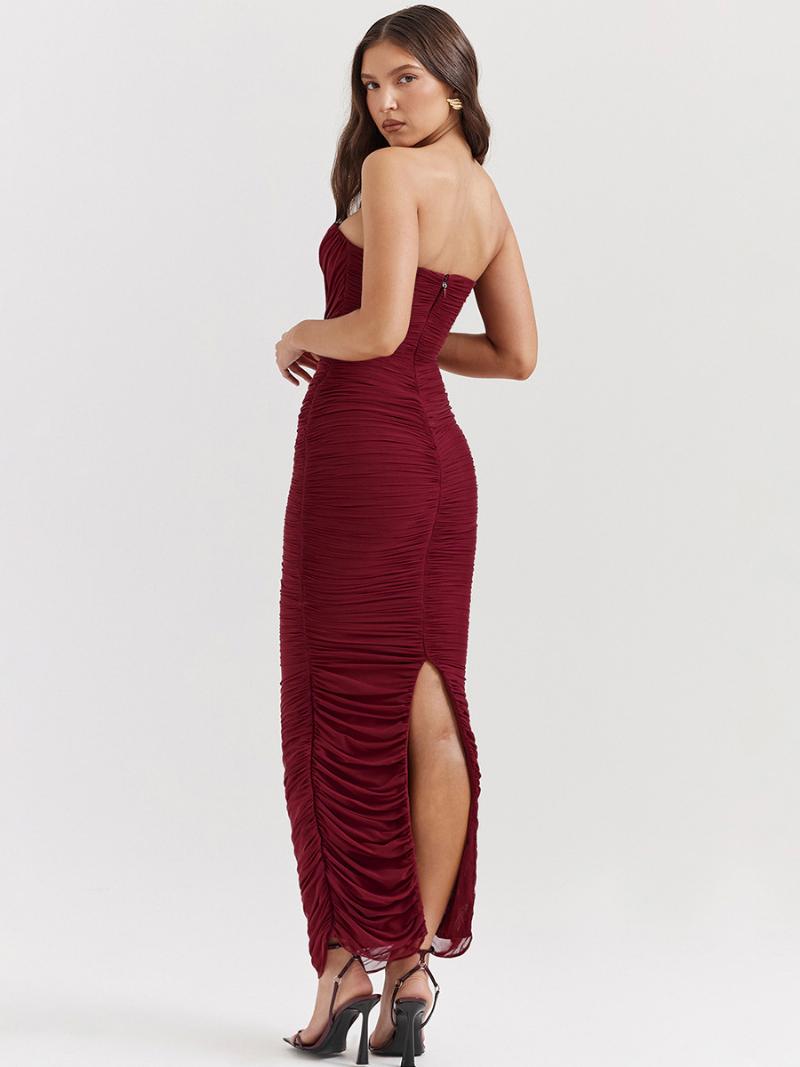 Női Bodycon Ruhák Bordó Pánt Nélküli Redőzött Elegáns Ujjatlan Ceruza Ruha - Burgundia