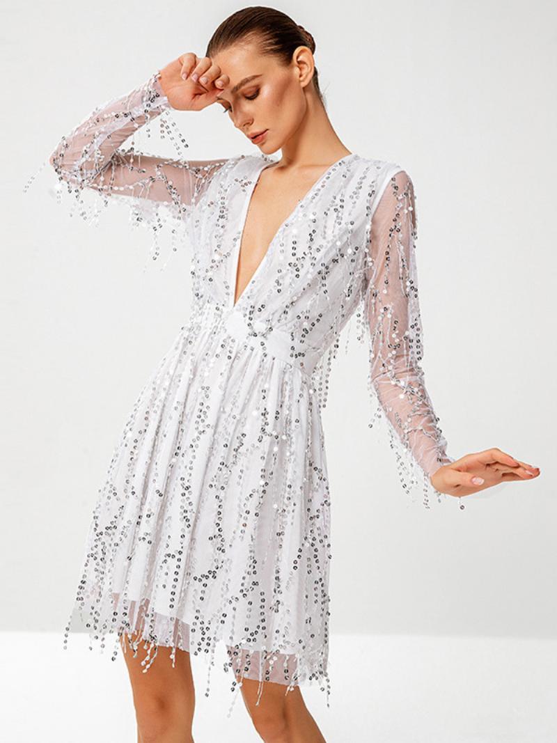 Női Flitteres Ruha Plunge Illusion Sleeves Coachella Parti Rövid Ruhák - Fehér