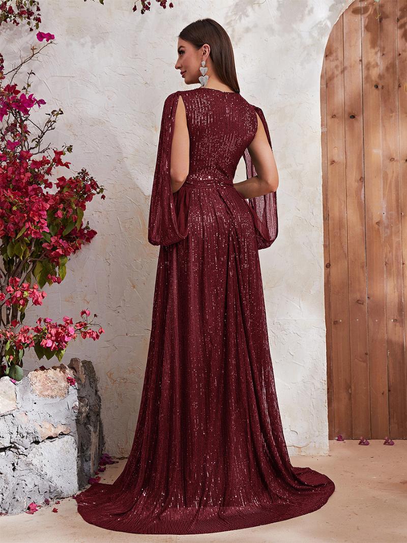 Női Magasan Hasított Ruha V-nyakú Tervezett Ujjú Empire Waist Prom Maxi Ruhák - Burgundi