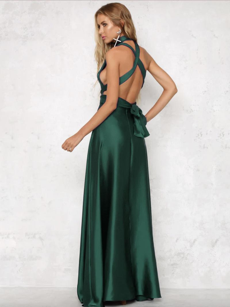 Női Nyitott Hátsó Maxi Ruha Halter Plunge Crossover Derék Báli - Green