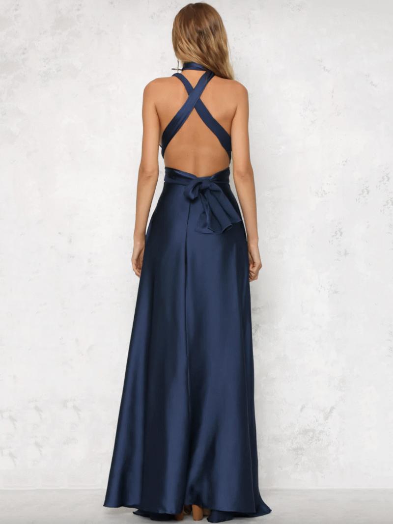 Női Nyitott Hátsó Maxi Ruha Halter Plunge Crossover Derék Báli - Dark Navy