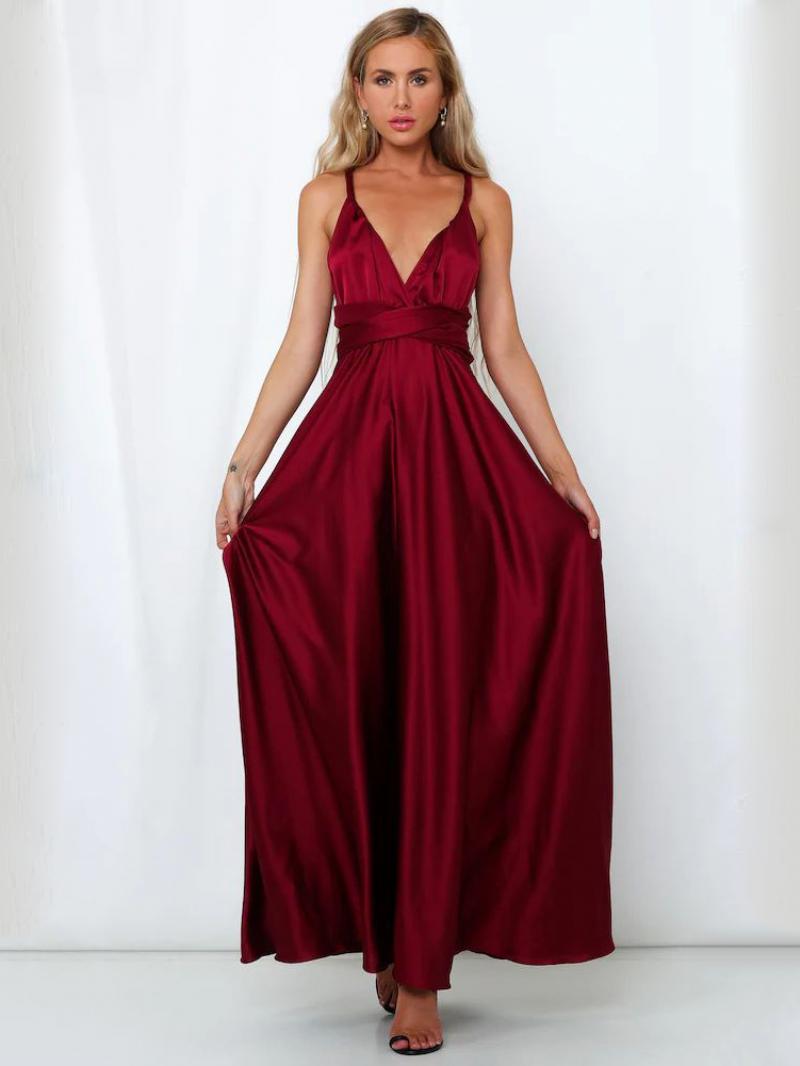 Női Nyitott Hátsó Maxi Ruha Halter Plunge Crossover Derék Báli - Burgundy