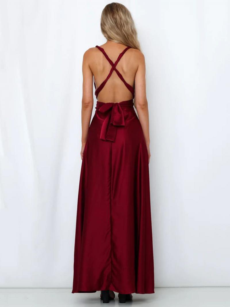 Női Nyitott Hátsó Maxi Ruha Halter Plunge Crossover Derék Báli - Burgundy