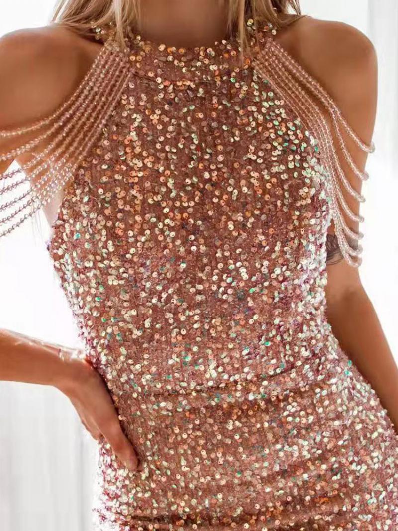 Női Születésnapi Party Mini Bodycon Ruhák Rózsaszín Ujjatlan Szexi Jewel Nyakú Tokruha - Rózsaszín